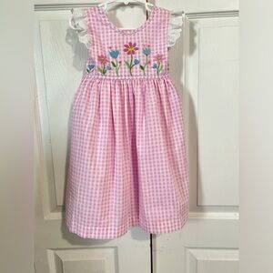 Pink Gingham Dress with Floral Embroidery